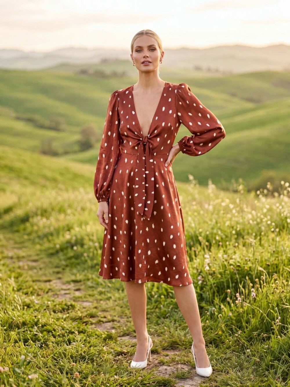 Rust-Orange Long Sleeve Mini Dress with White Polka Dots size medium